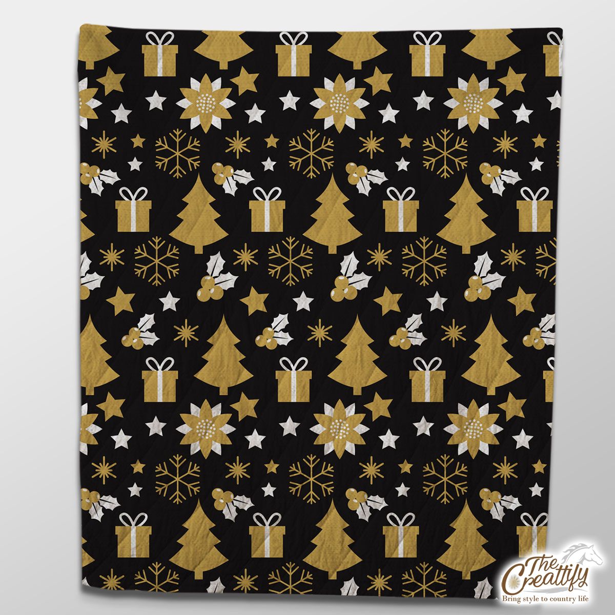 White And Gold Christmas Gift, Christmas Tree, Snowflake On Black Background Quilt