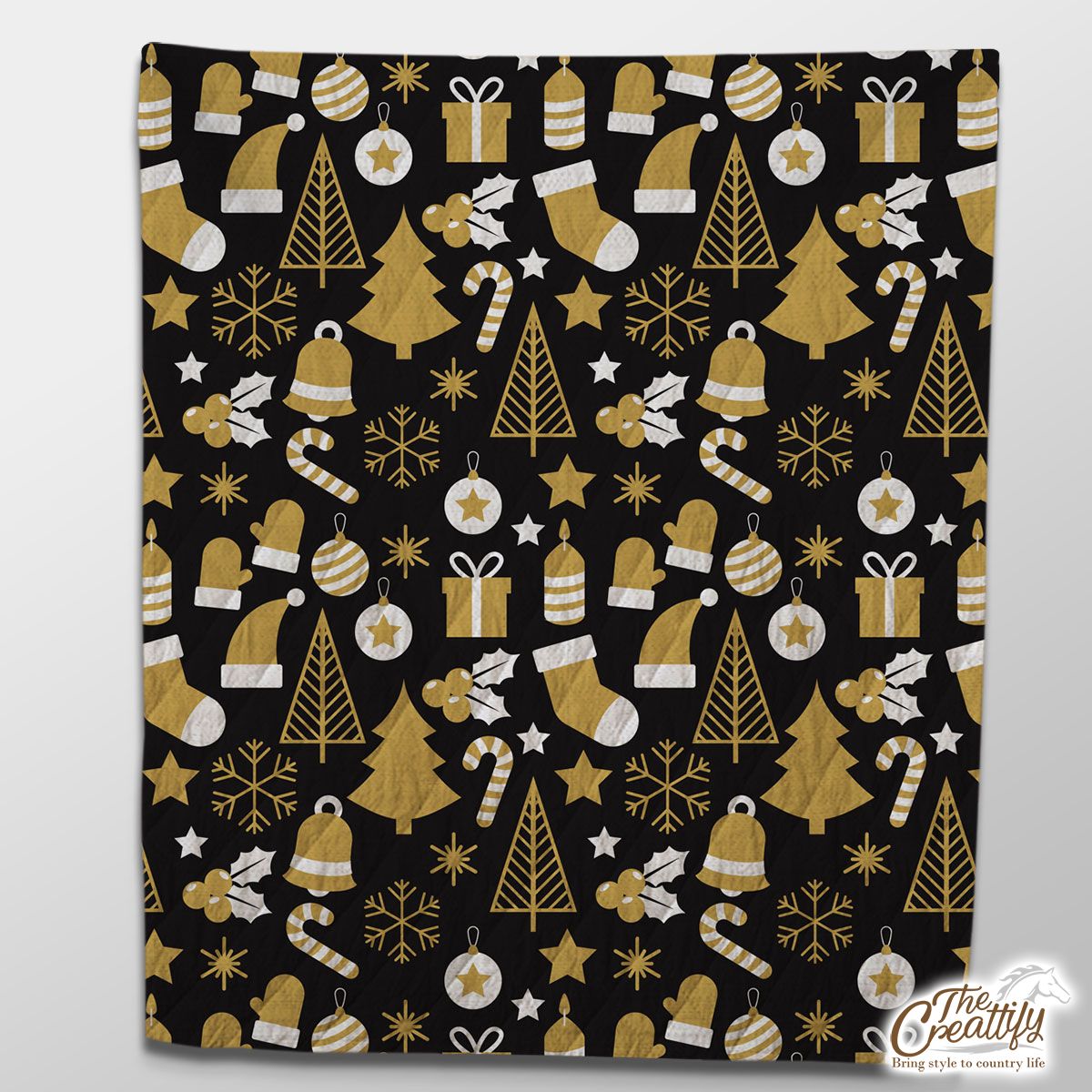 White And Gold Christmas Socks, Christmas Tree, Candy Cane On Black Background Quilt