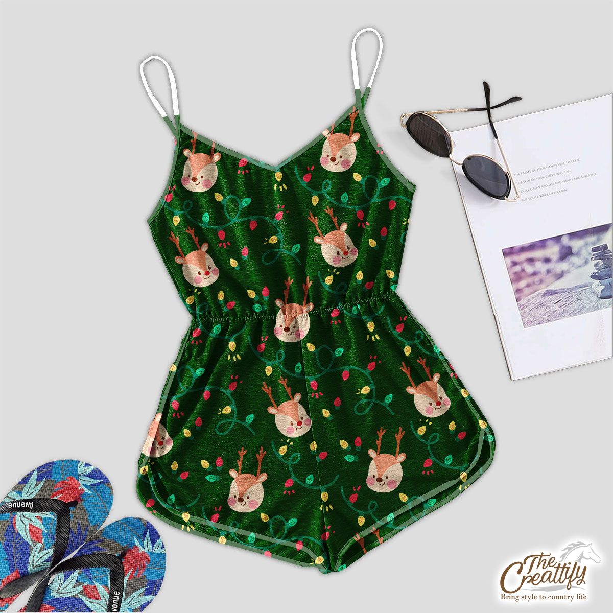 Reindeer With Christmas Light On Green Background Romper