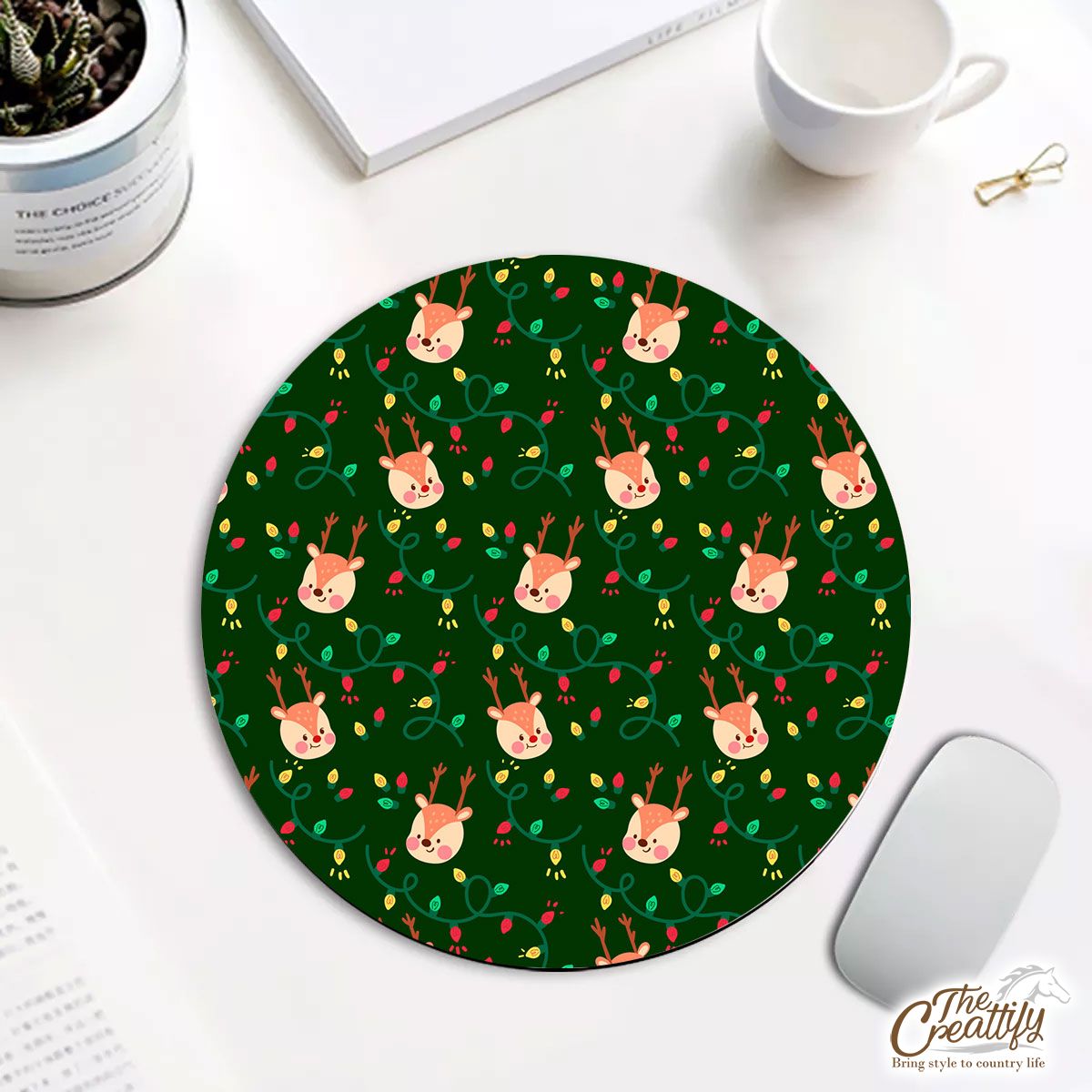 Reindeer With Christmas Light On Green Background Round Mouse Pad