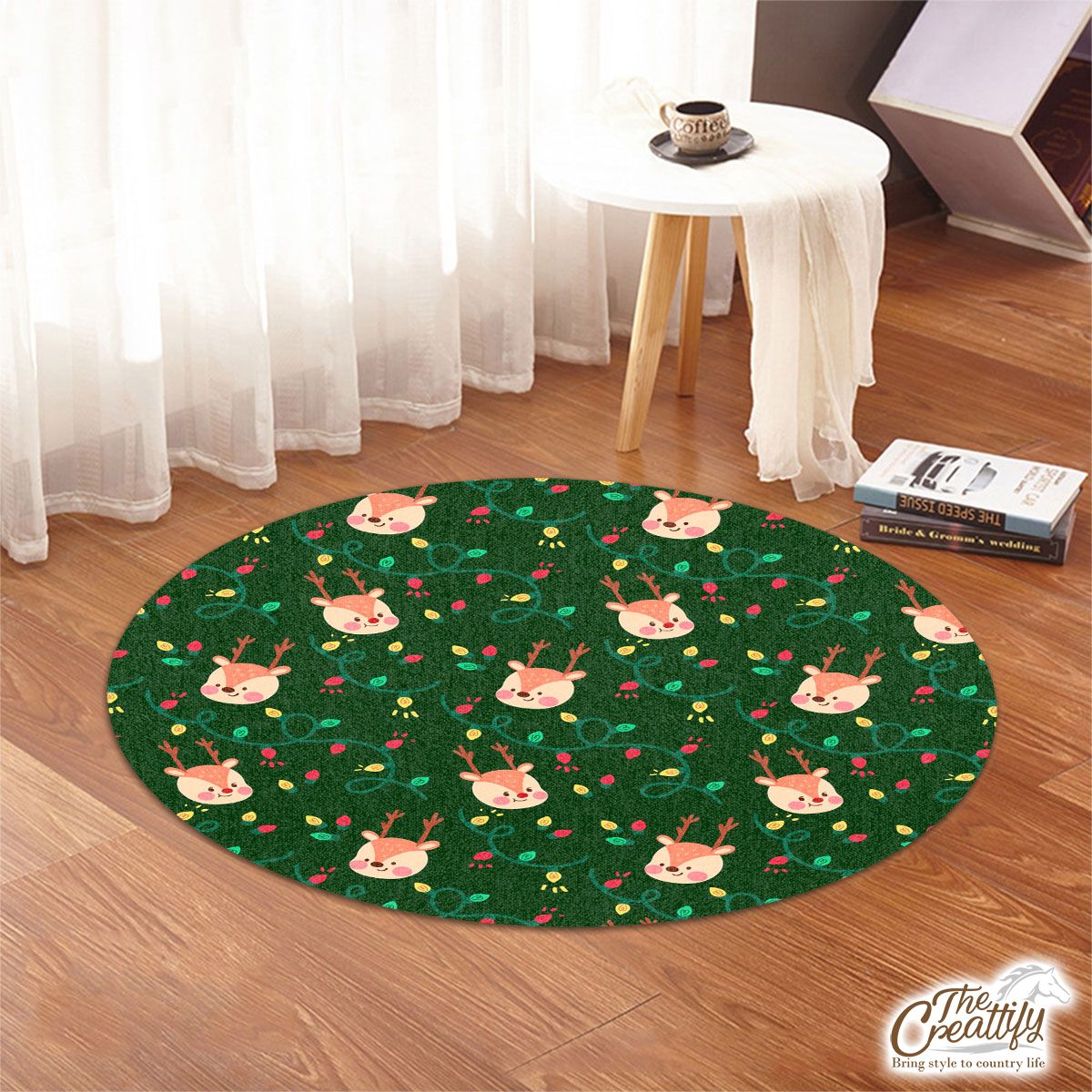 Reindeer With Christmas Light On Green Background Round Rug