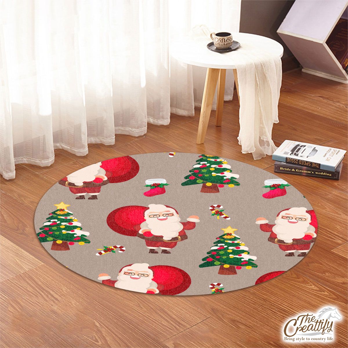 Santa Clause, Chritmas Tree, Candy Cane On Brown Background Round Rug