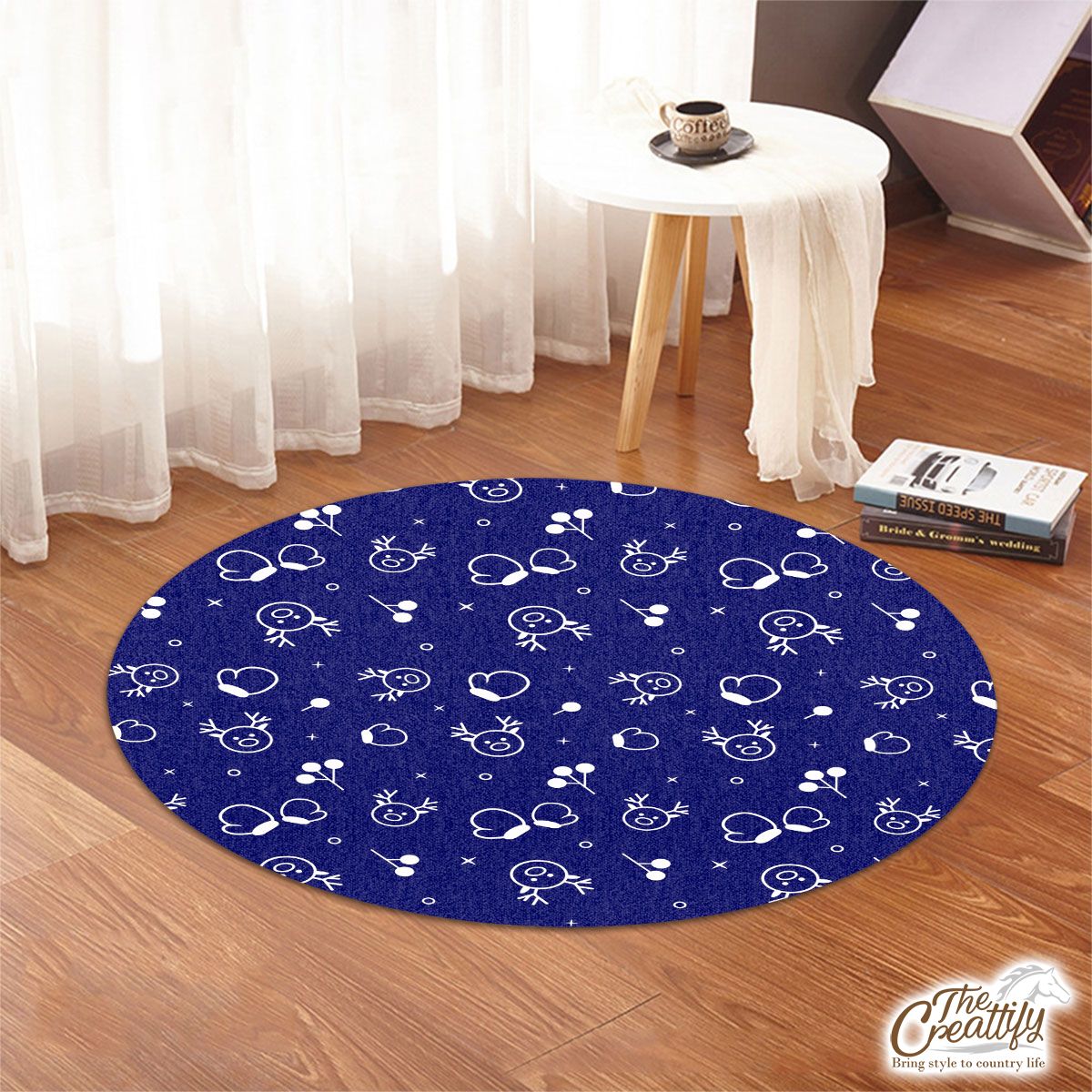 White And Blue Christmas Gloves And Reindeer Round Rug