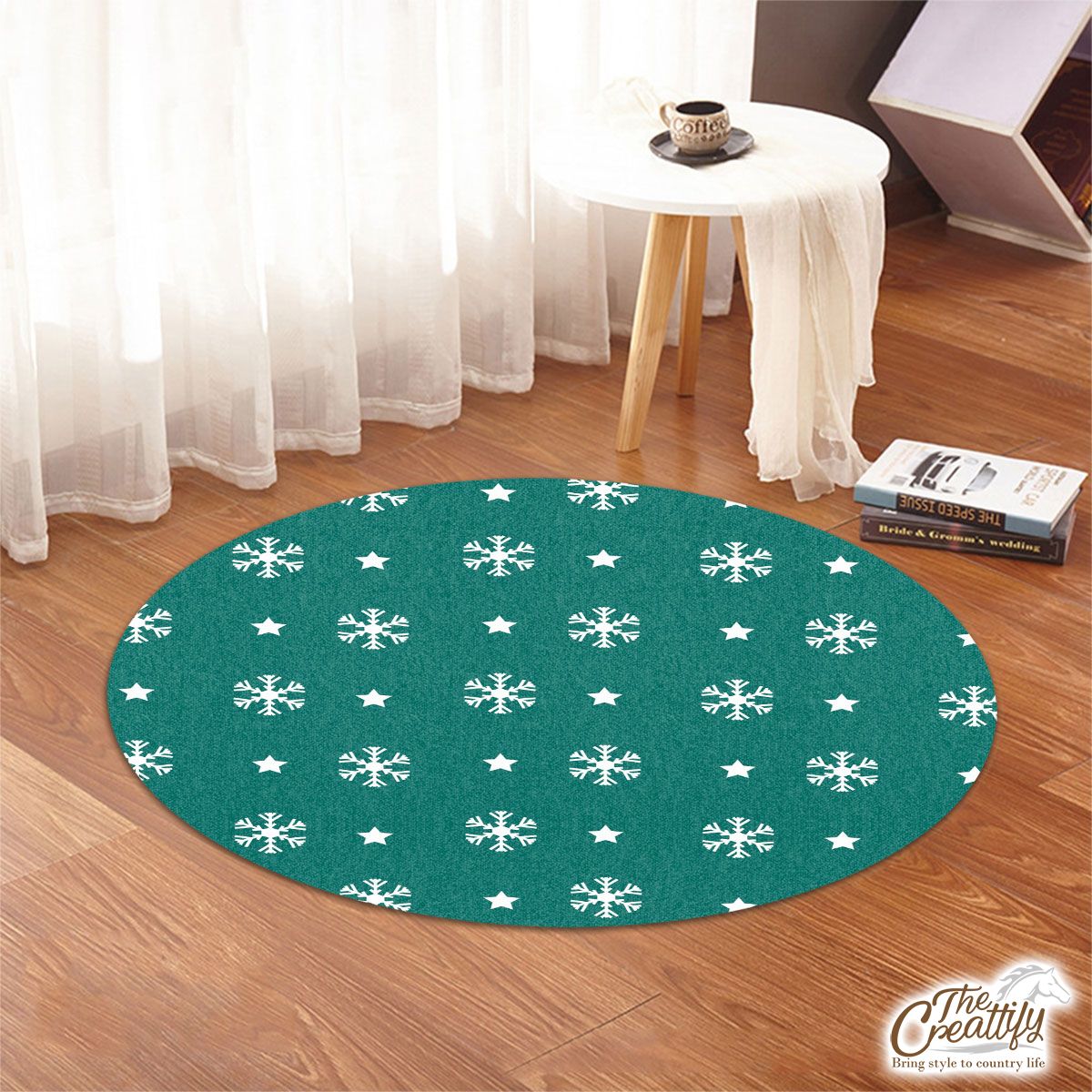 White And Dark Green Snowflake With Christmas Star Round Rug