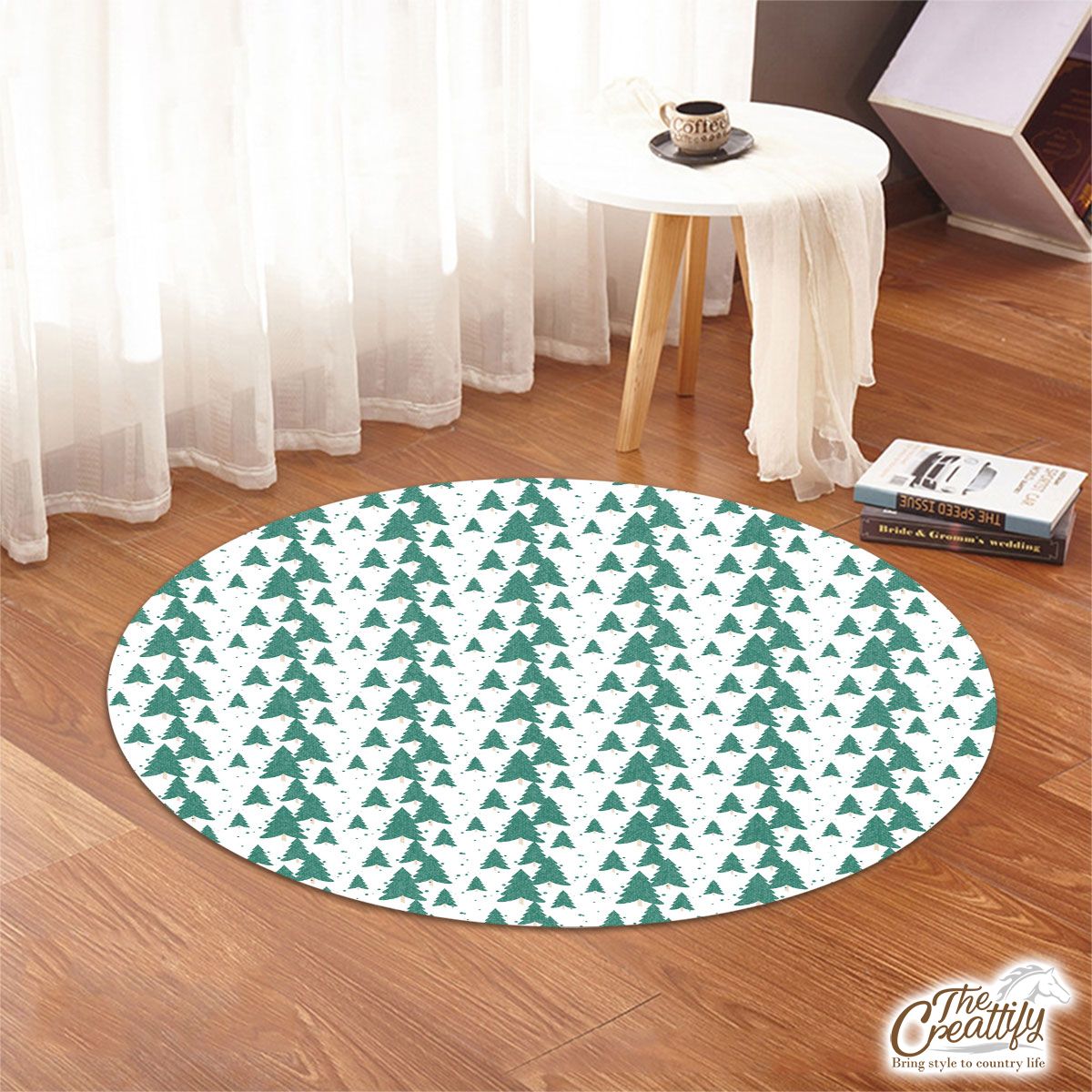 White And Green Christmas Tree Round Rug