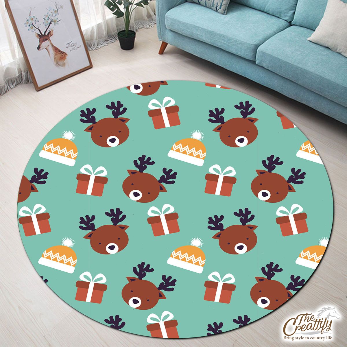 Reindeer, Christmas Gift On Blue Background Round Carpet