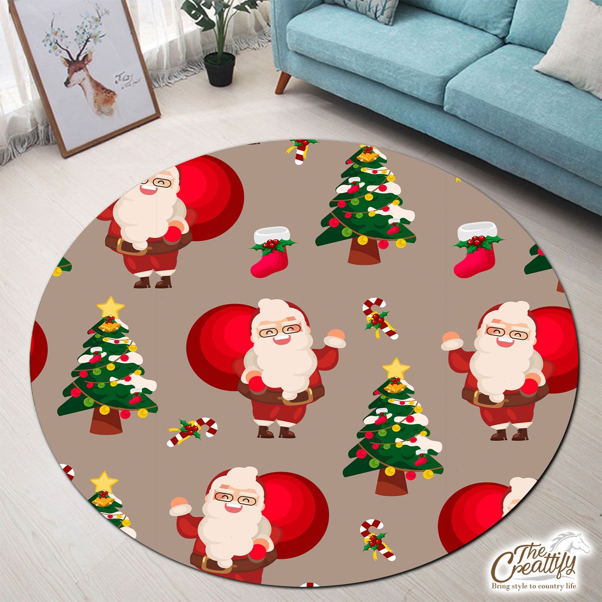 Santa Clause, Chritmas Tree, Candy Cane On Brown Background Round Carpet