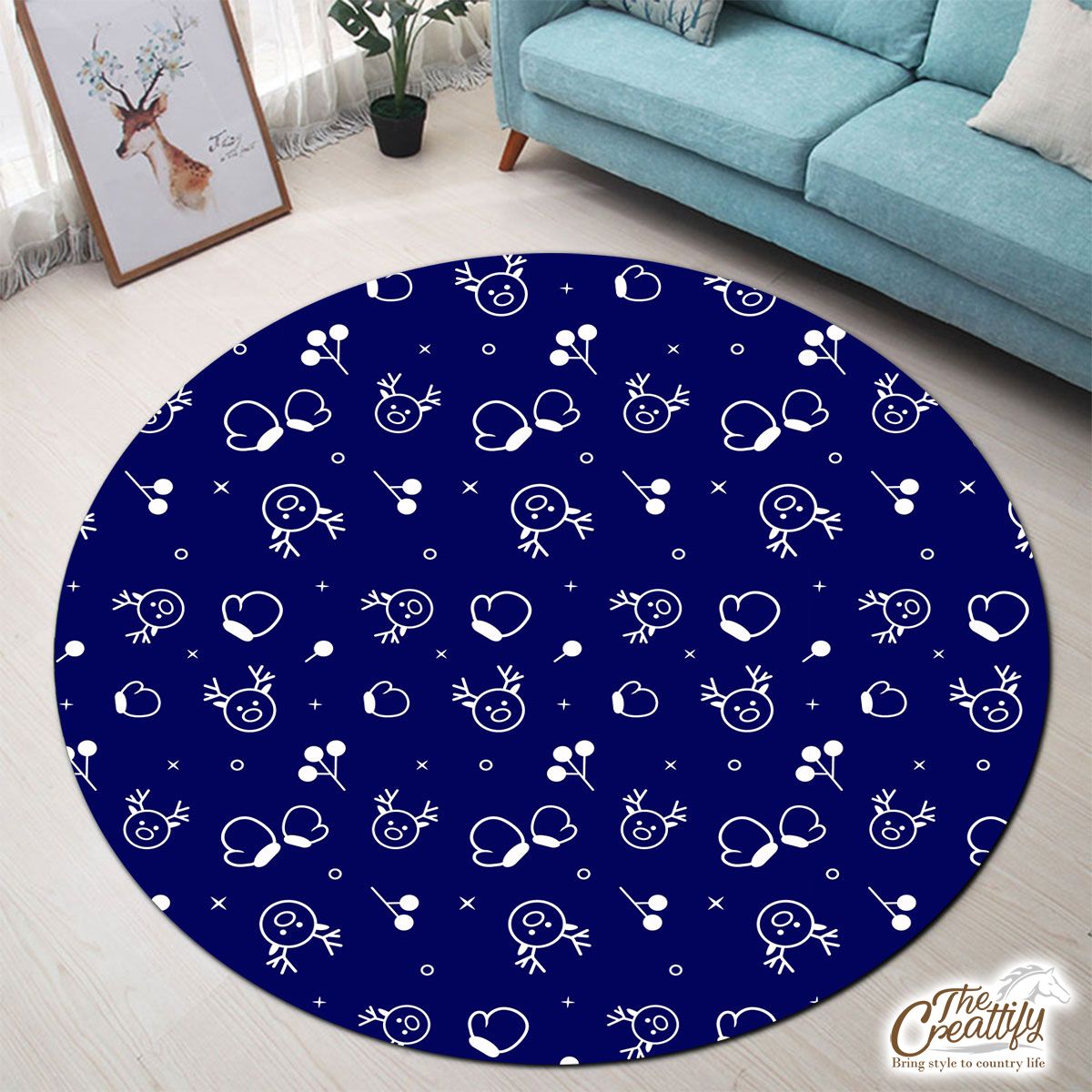White And Blue Christmas Gloves And Reindeer Round Carpet