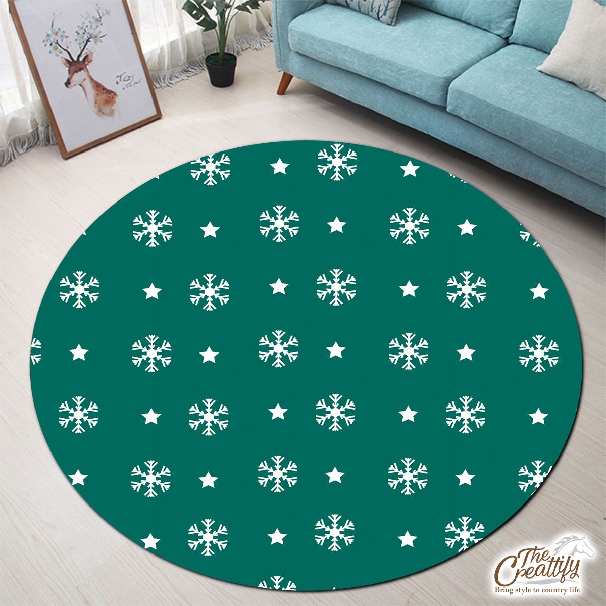 White And Dark Green Snowflake With Christmas Star Round Carpet