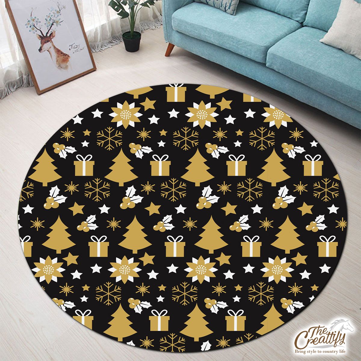 White And Gold Christmas Gift, Christmas Tree, Snowflake On Black Background Round Carpet