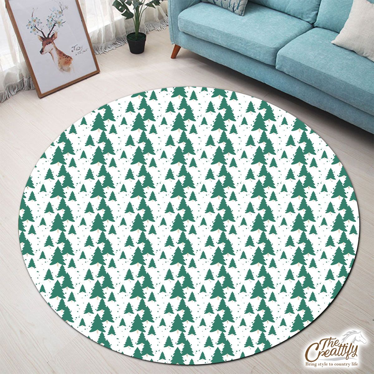 White And Green Christmas Tree Round Carpet