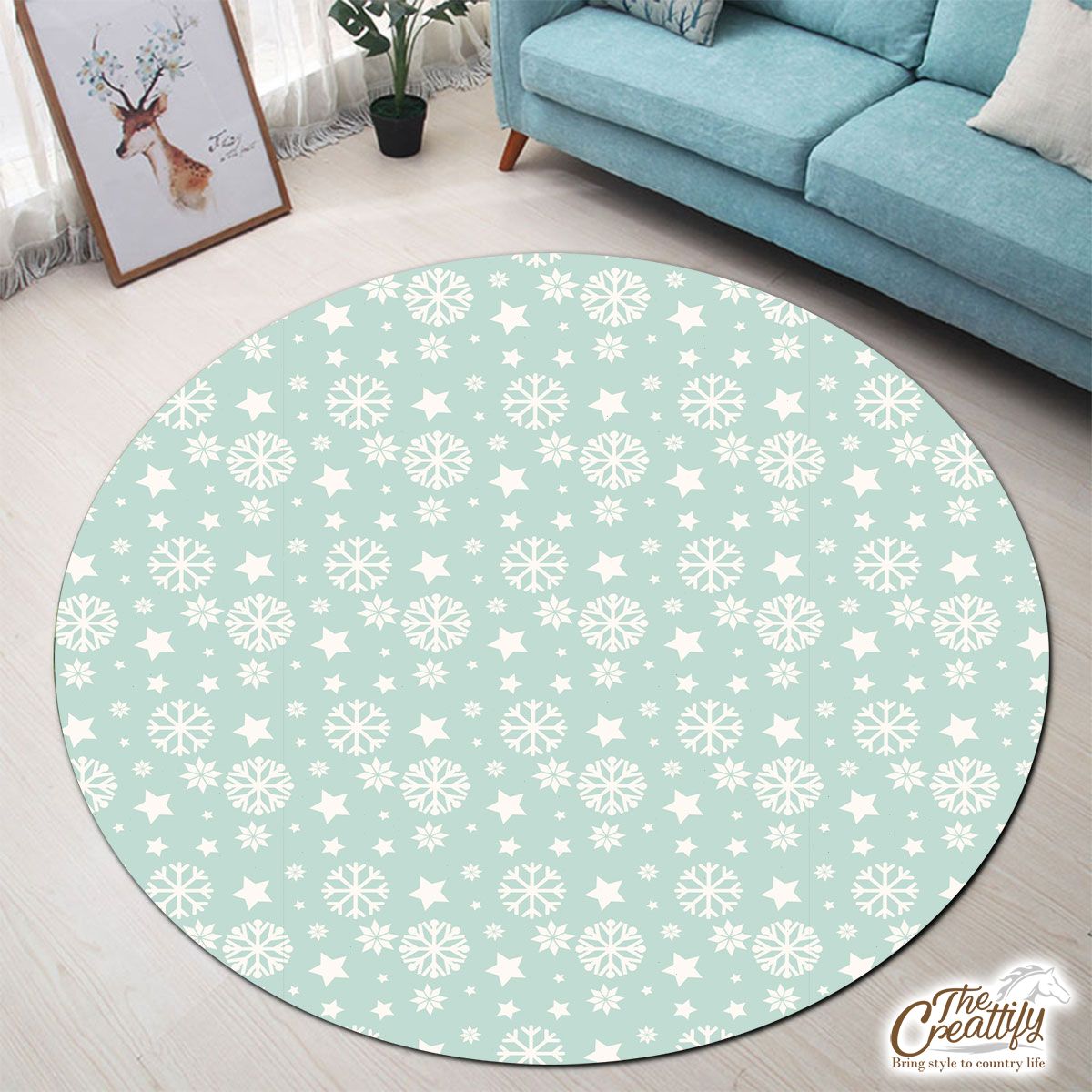 White And Light Green Snowflake And Christmas Stars Round Carpet