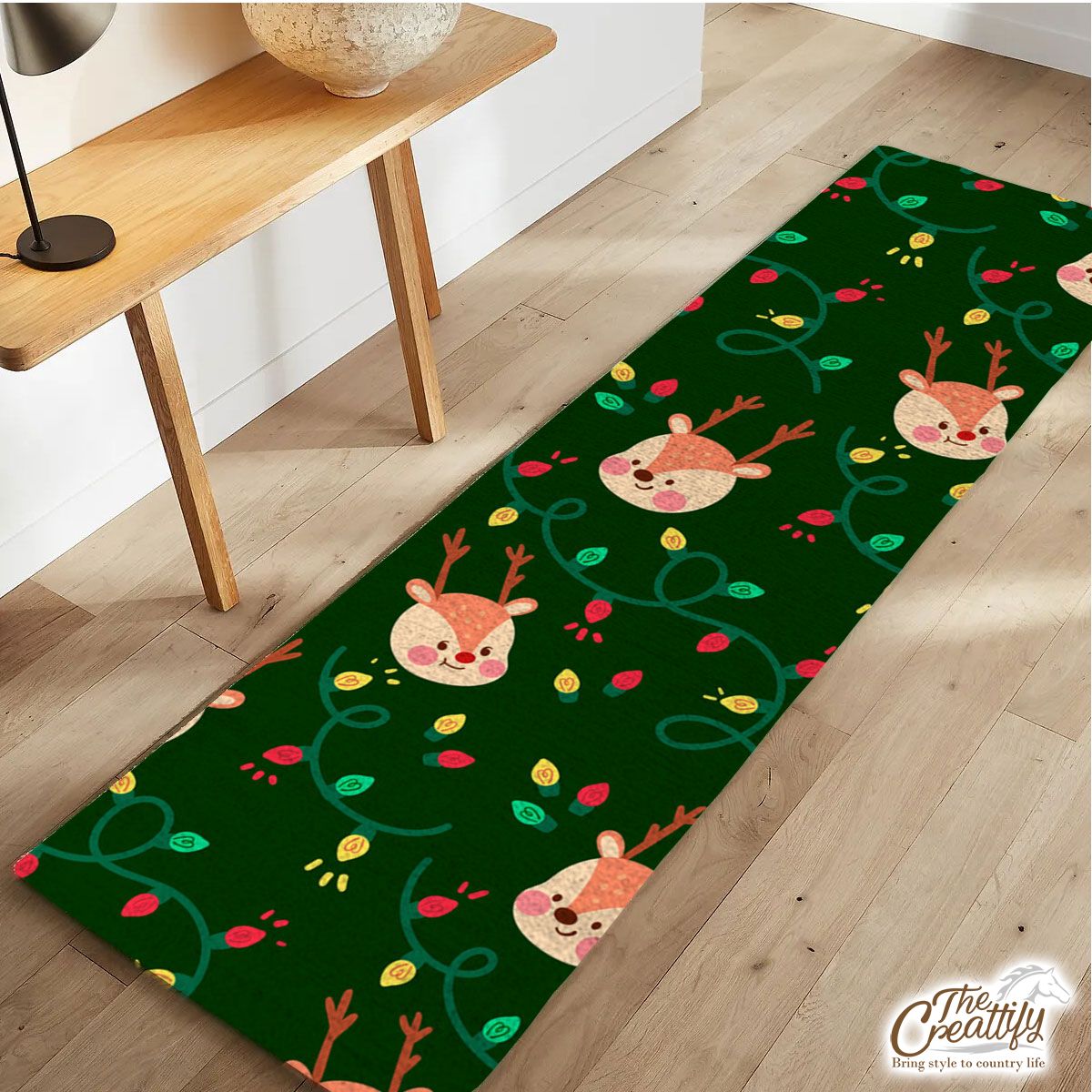 Reindeer With Christmas Light On Green Background Runner Carpet