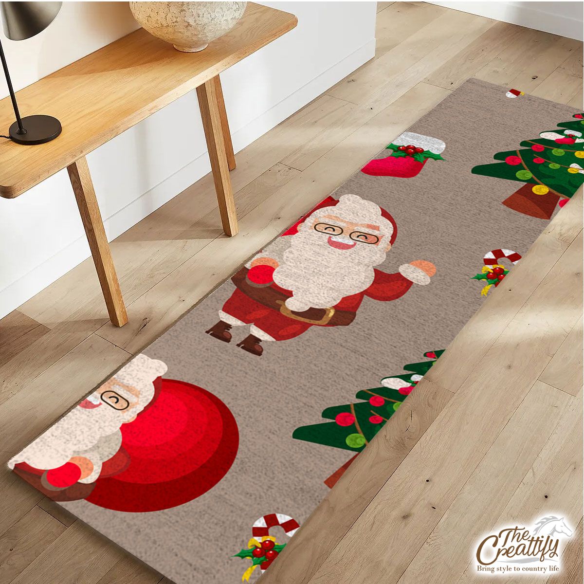Santa Clause, Chritmas Tree, Candy Cane On Brown Background Runner Carpet