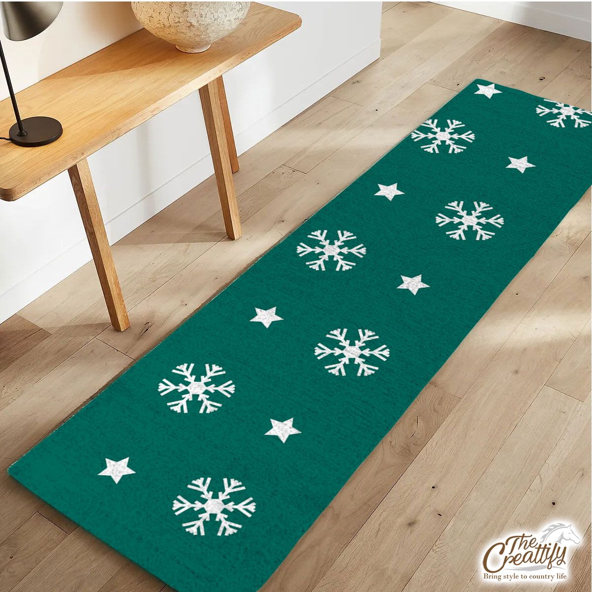 White And Dark Green Snowflake With Christmas Star Runner Carpet