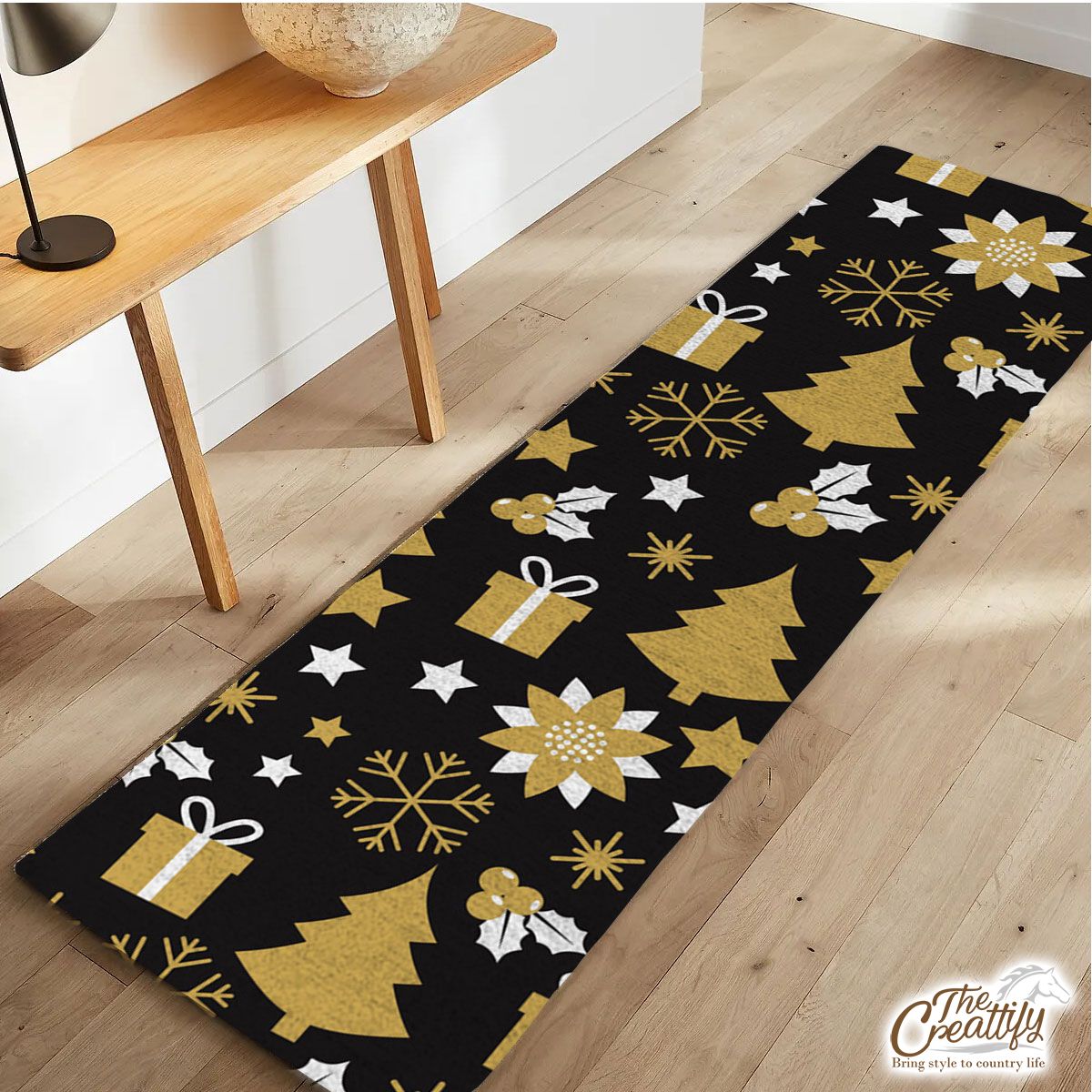 White And Gold Christmas Gift, Christmas Tree, Snowflake On Black Background Runner Carpet