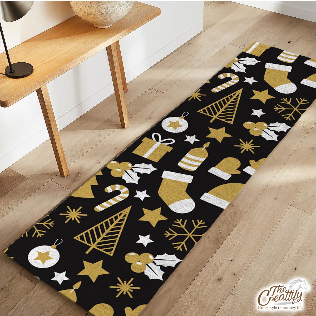 White And Gold Christmas Socks, Christmas Tree, Candy Cane On Black Background Runner Carpet