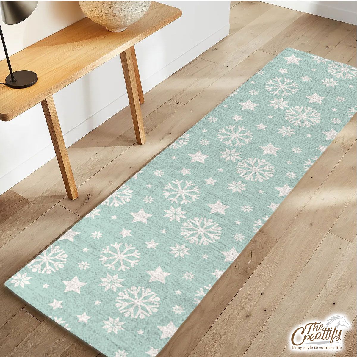White And Light Green Snowflake And Christmas Stars Runner Carpet