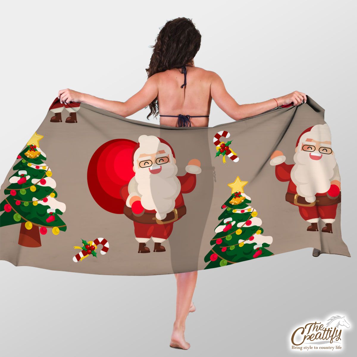 Santa Clause, Chritmas Tree, Candy Cane On Brown Background Sarong