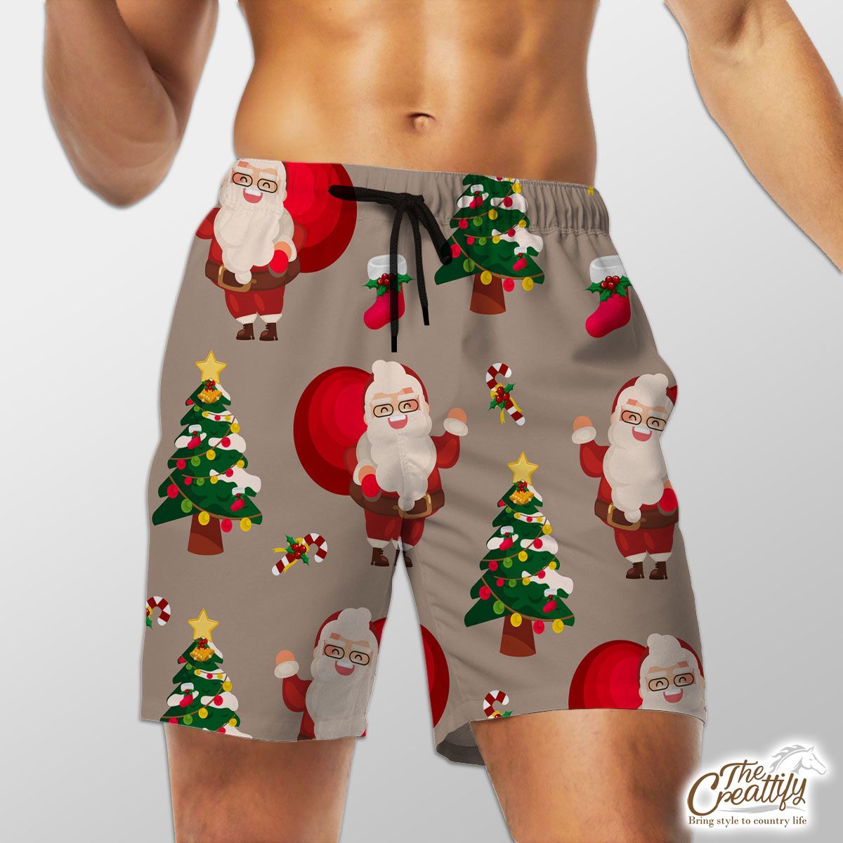 Santa Clause, Chritmas Tree, Candy Cane On Brown Background Shorts