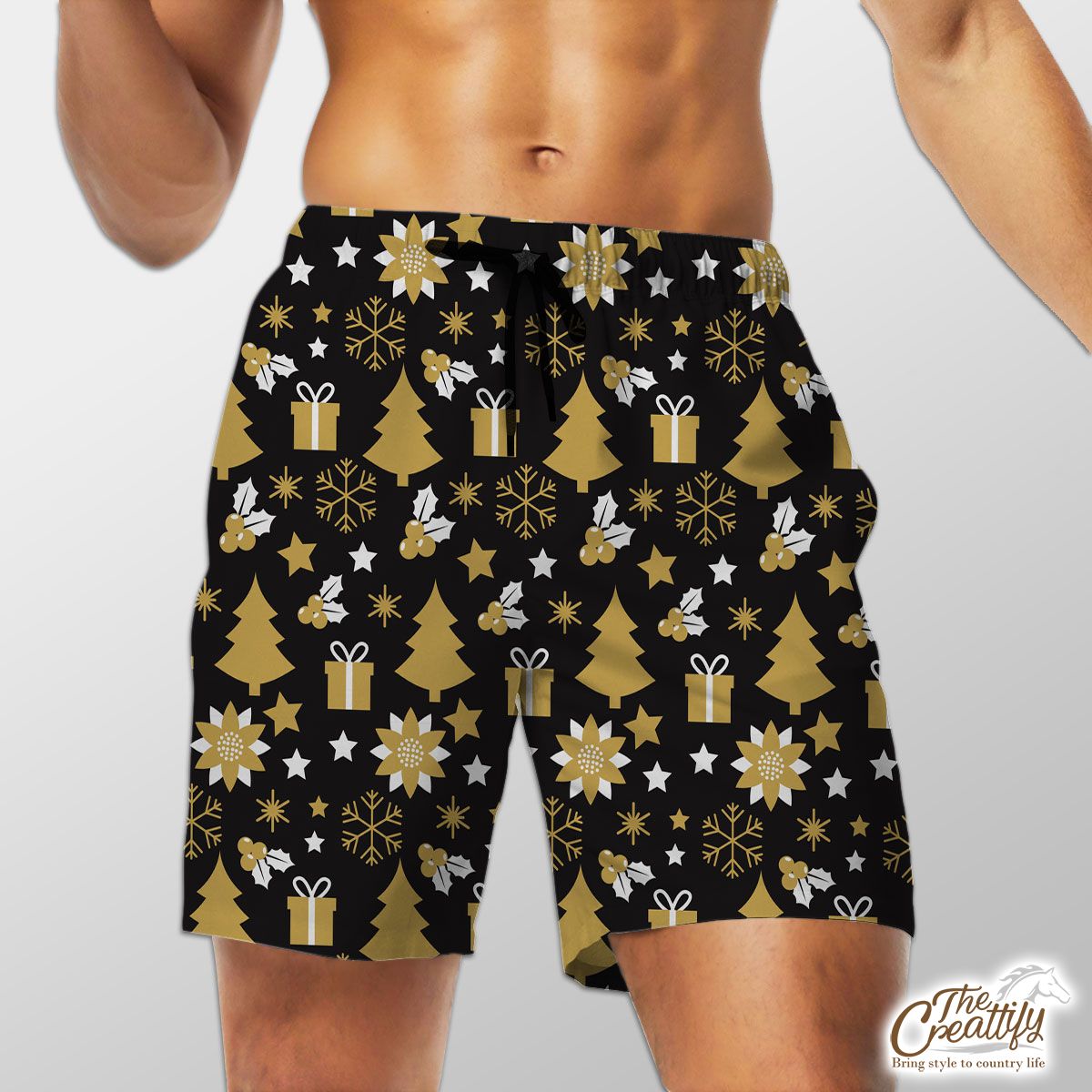 White And Gold Christmas Gift, Christmas Tree, Snowflake On Black Background Shorts