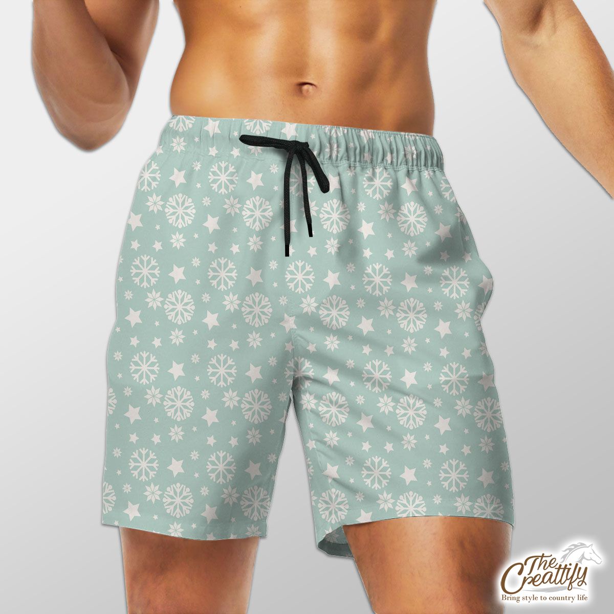 White And Light Green Snowflake And Christmas Stars Shorts