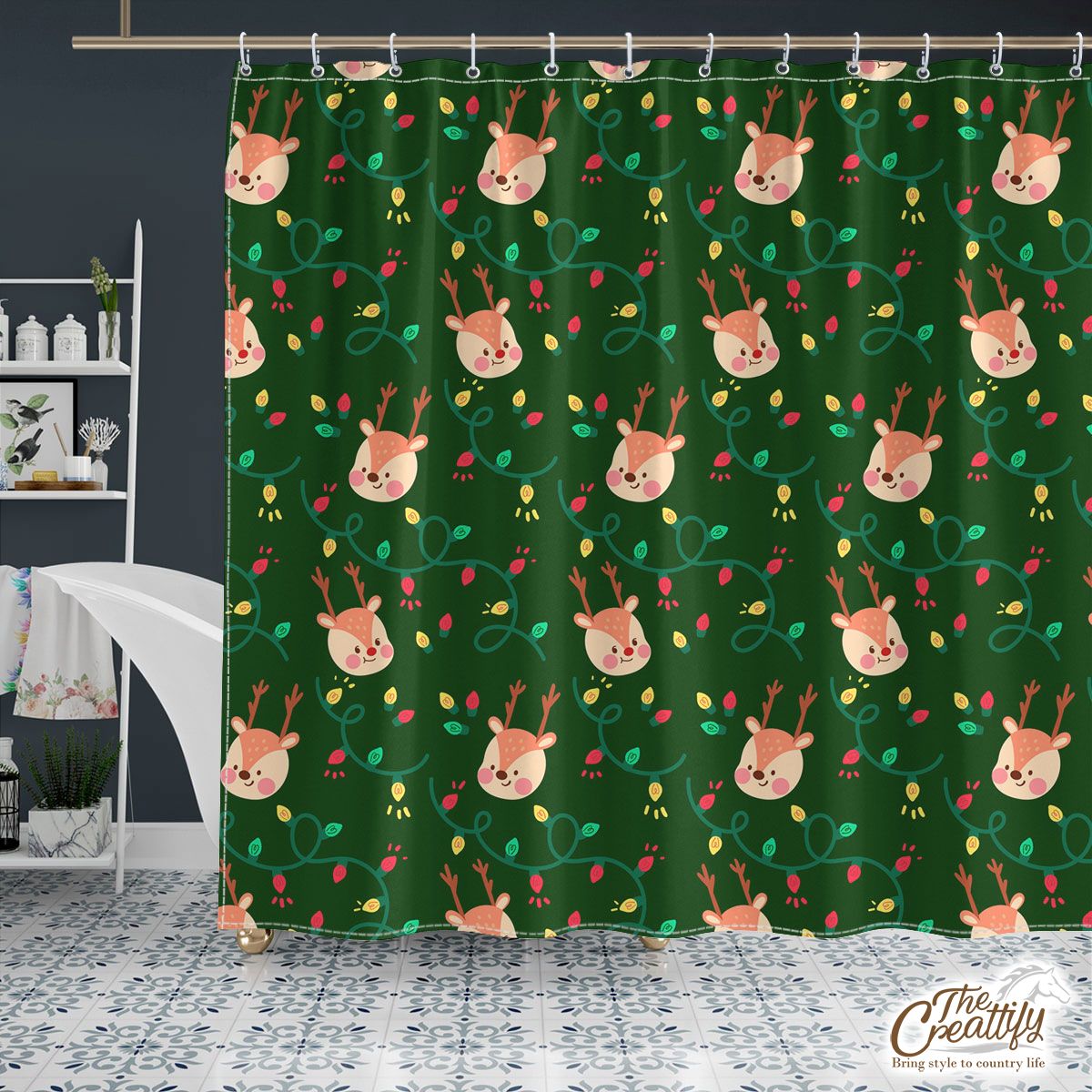 Reindeer With Christmas Light On Green Background Shower Curtain
