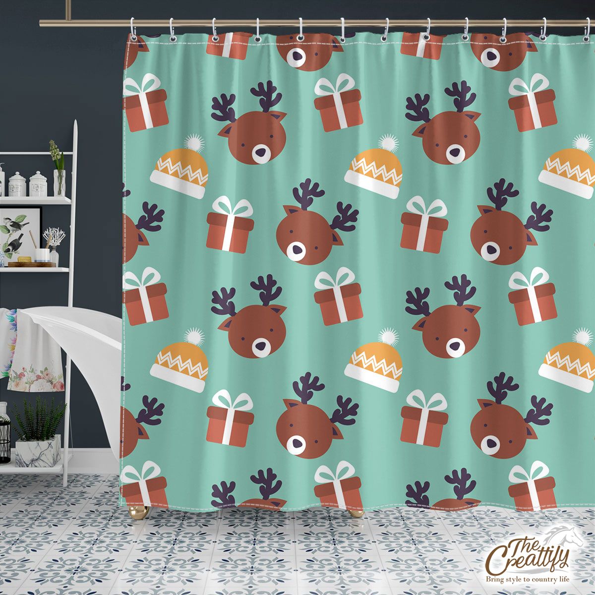 Reindeer, Christmas Gift On Blue Background Shower Curtain