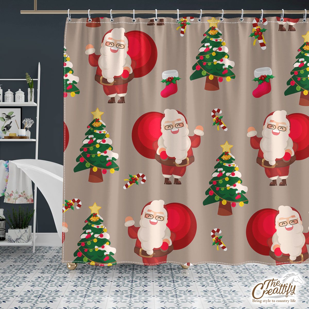 Santa Clause, Chritmas Tree, Candy Cane On Brown Background Shower Curtain