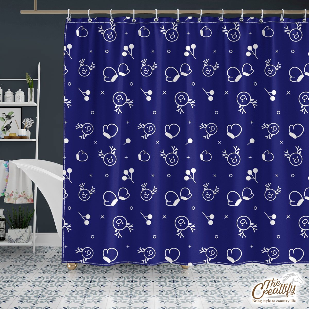 White And Blue Christmas Gloves And Reindeer Shower Curtain