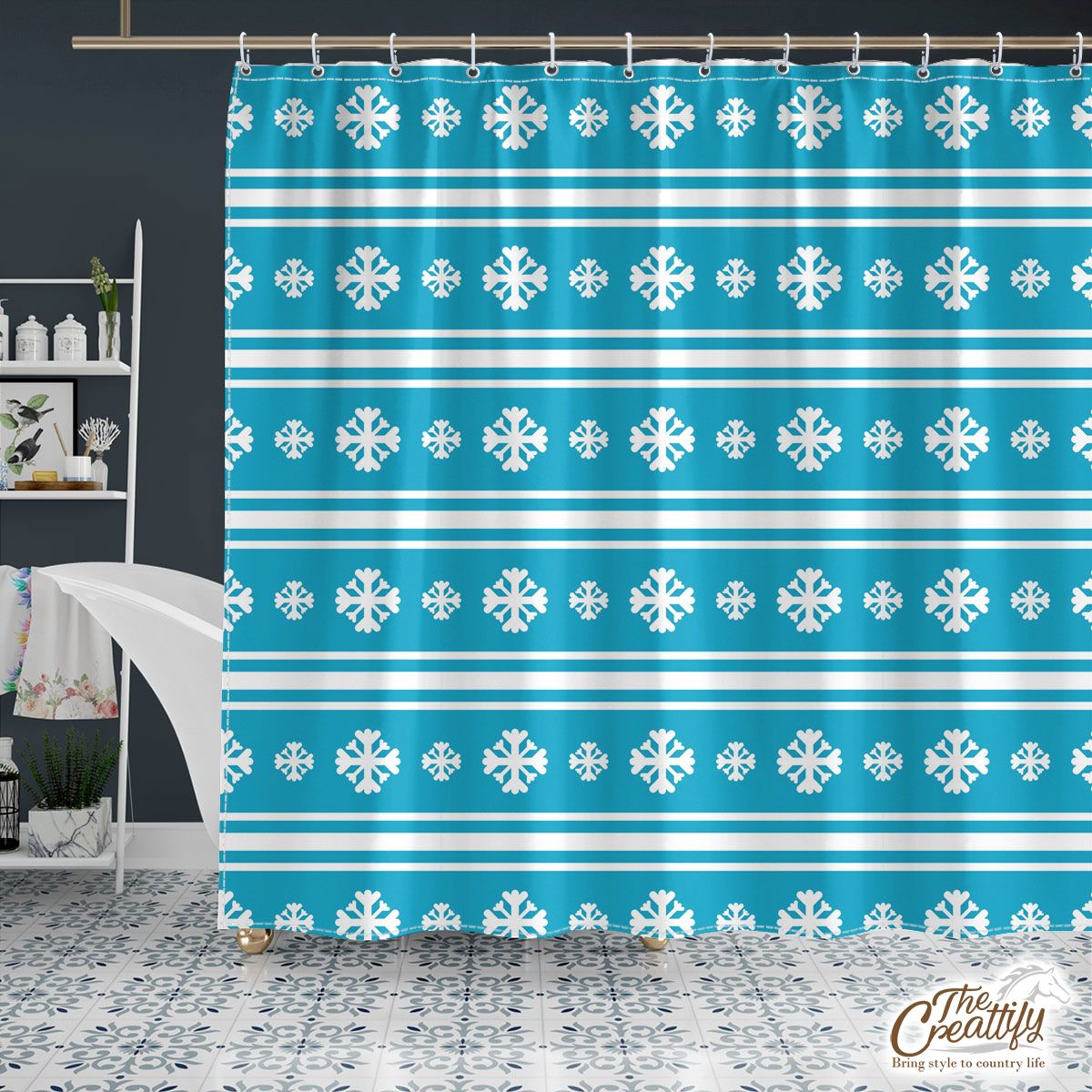 White And Blue Snowflake Christmas Shower Curtain
