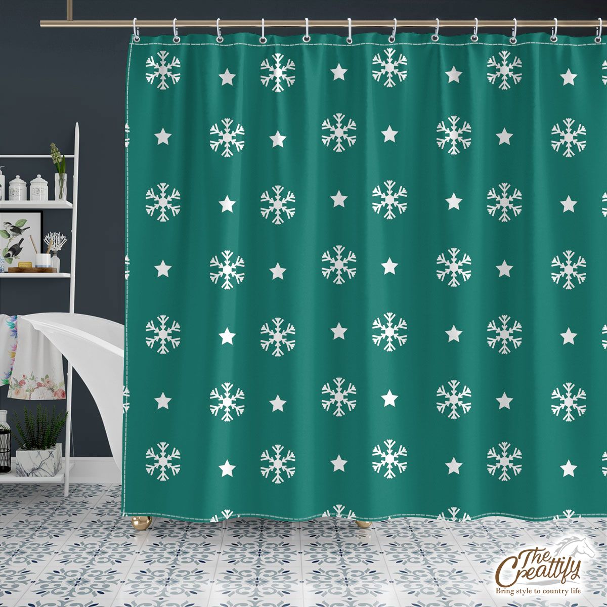 White And Dark Green Snowflake With Christmas Star Shower Curtain