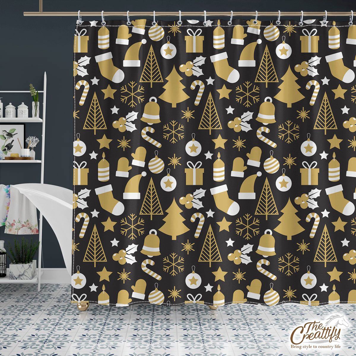 White And Gold Christmas Socks, Christmas Tree, Candy Cane On Black Background Shower Curtain