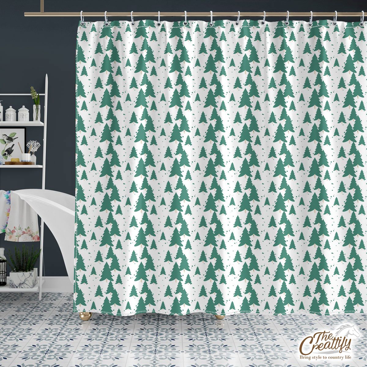 White And Green Christmas Tree Shower Curtain