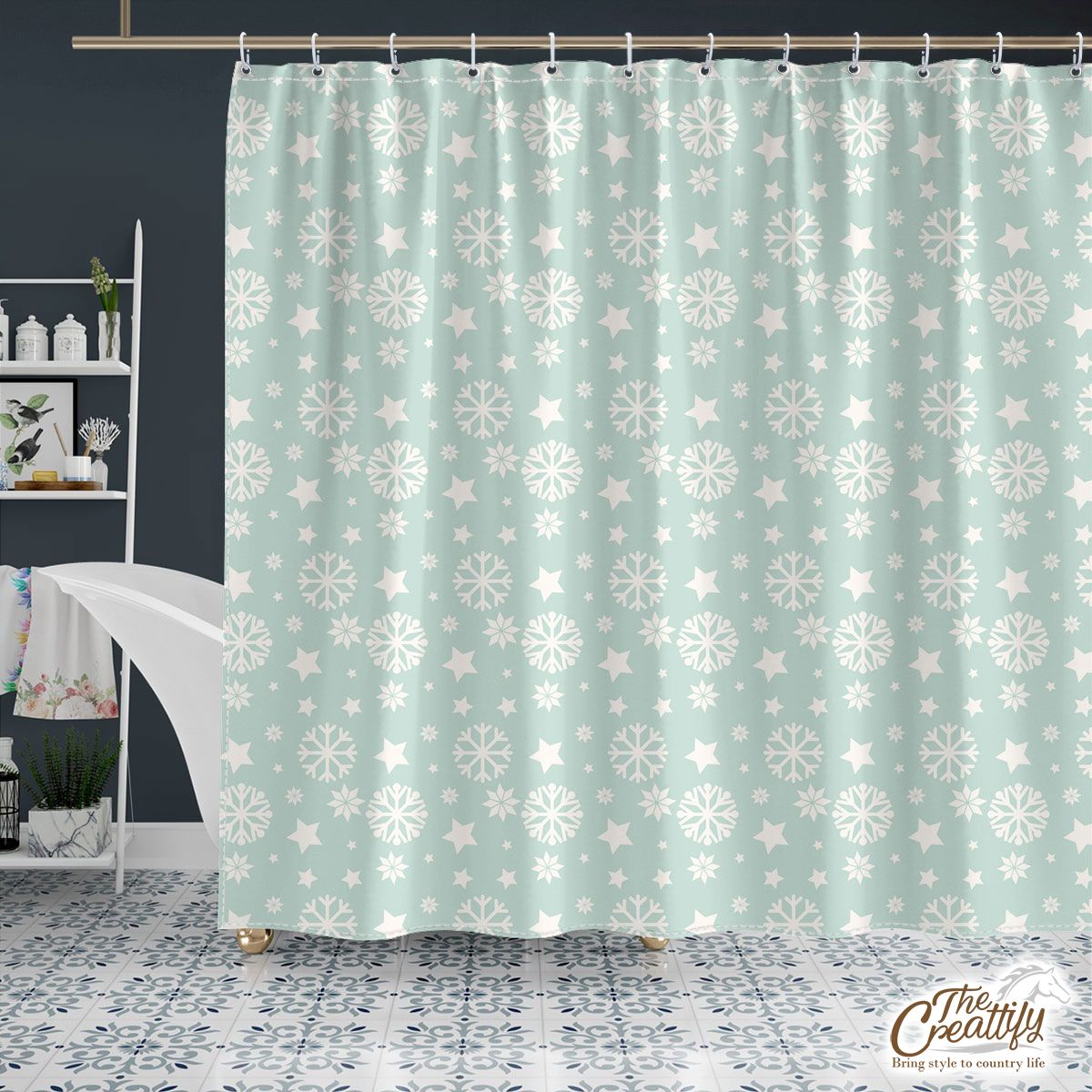 White And Light Green Snowflake And Christmas Stars Shower Curtain