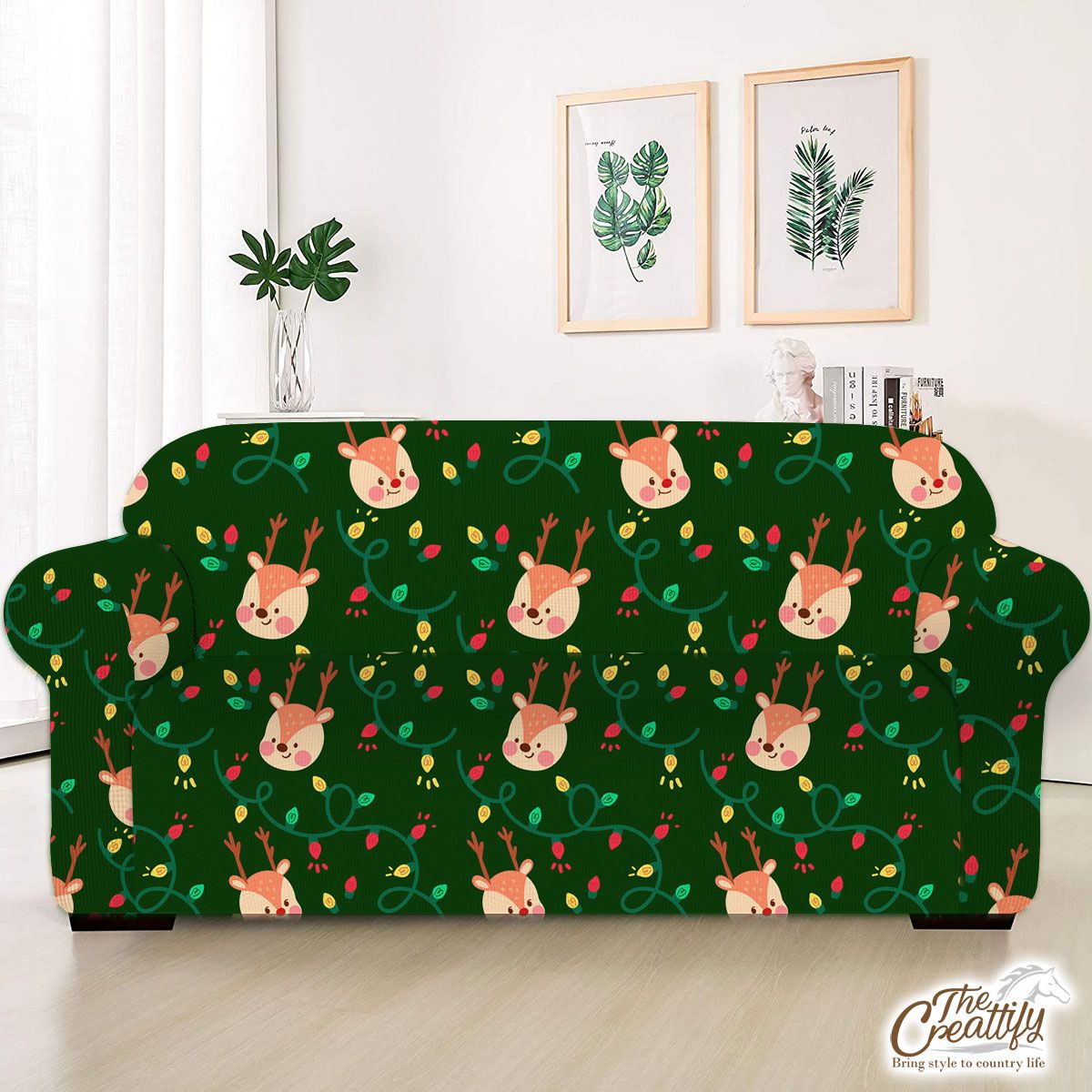 Reindeer With Christmas Light On Green Background Sofa Cover