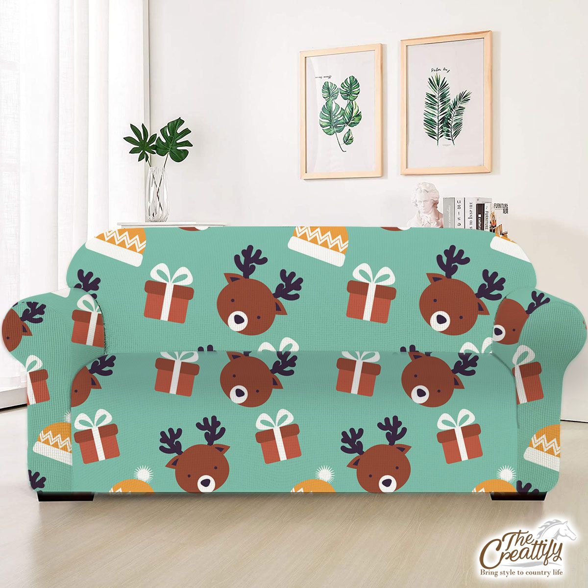 Reindeer, Christmas Gift On Blue Background Sofa Cover