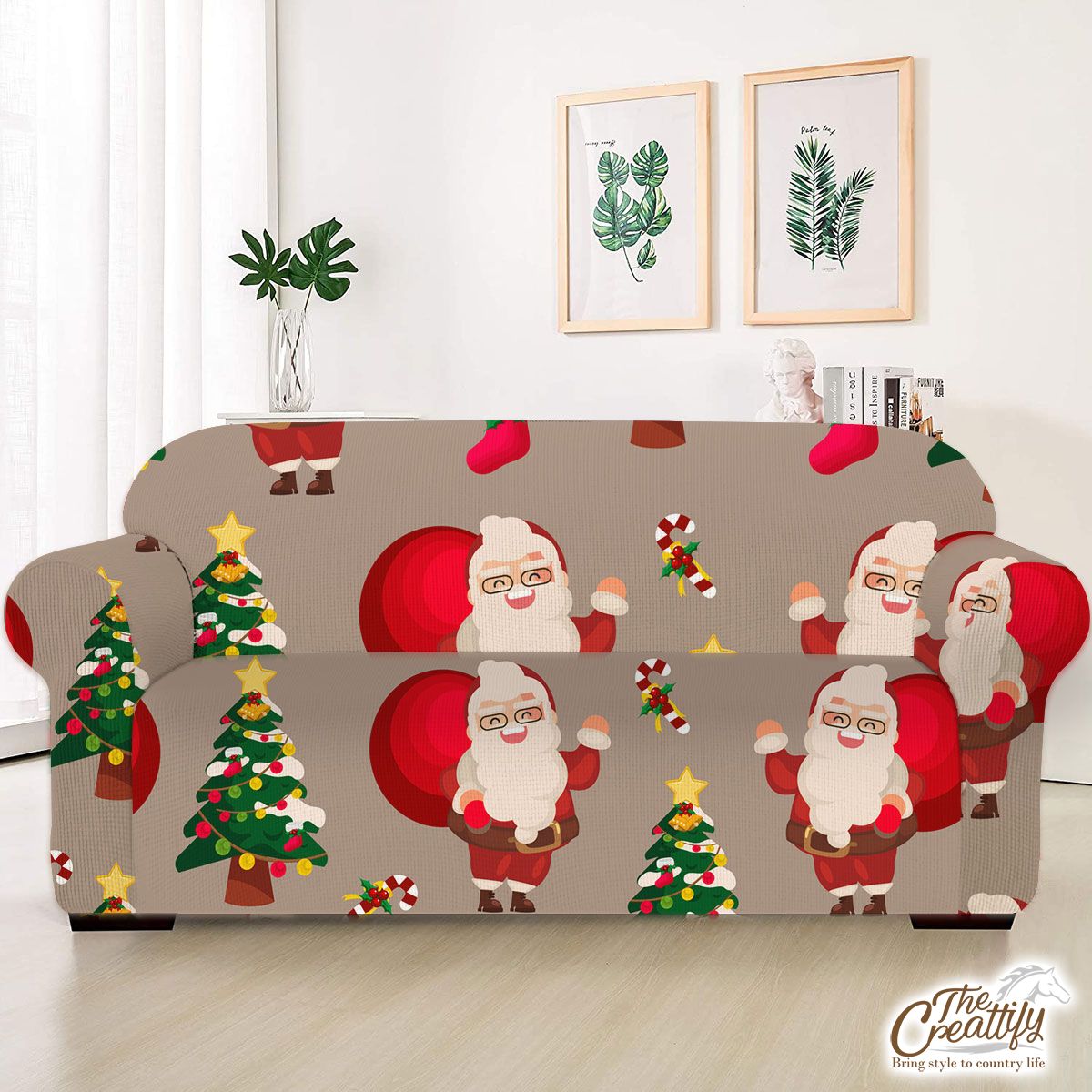Santa Clause, Chritmas Tree, Candy Cane On Brown Background Sofa Cover
