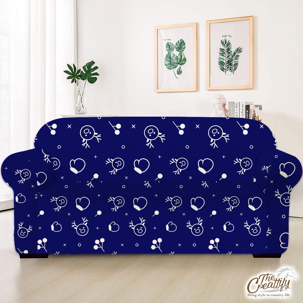 White And Blue Christmas Gloves And Reindeer Sofa Cover