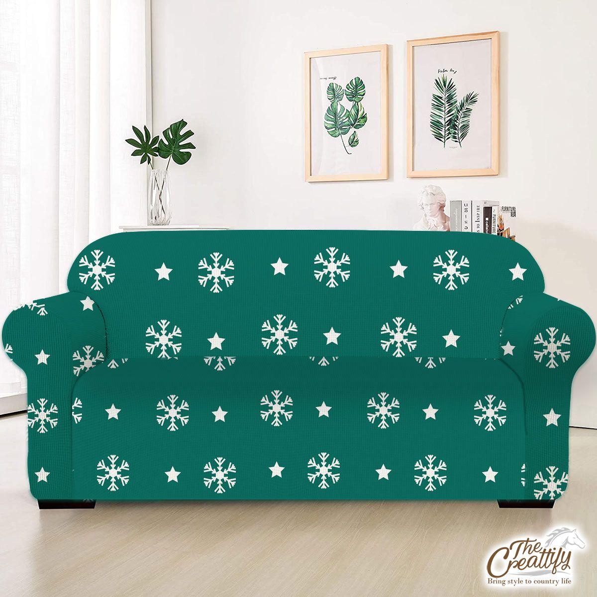 White And Dark Green Snowflake With Christmas Star Sofa Cover