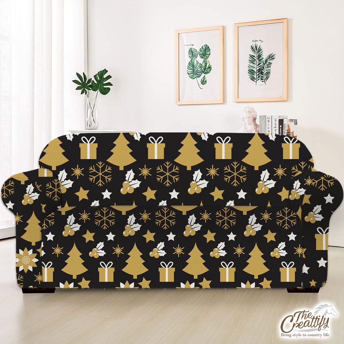 White And Gold Christmas Gift, Christmas Tree, Snowflake On Black Background Sofa Cover