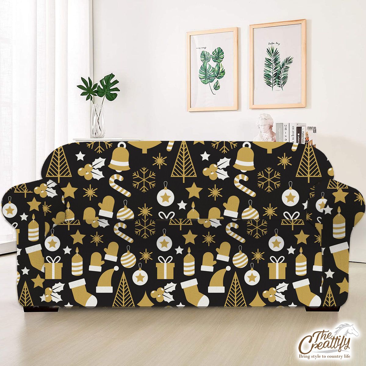 White And Gold Christmas Socks, Christmas Tree, Candy Cane On Black Background Sofa Cover
