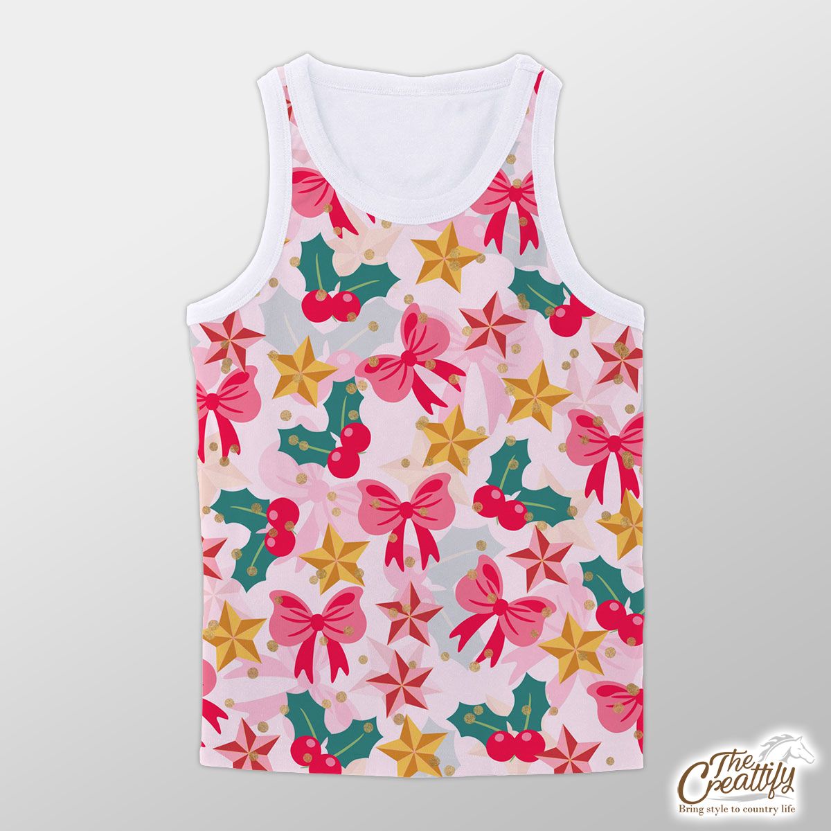Christmas Pattern With Bells, Bow, Holly Leaf And Christmas Tree Star Unisex Tank Top