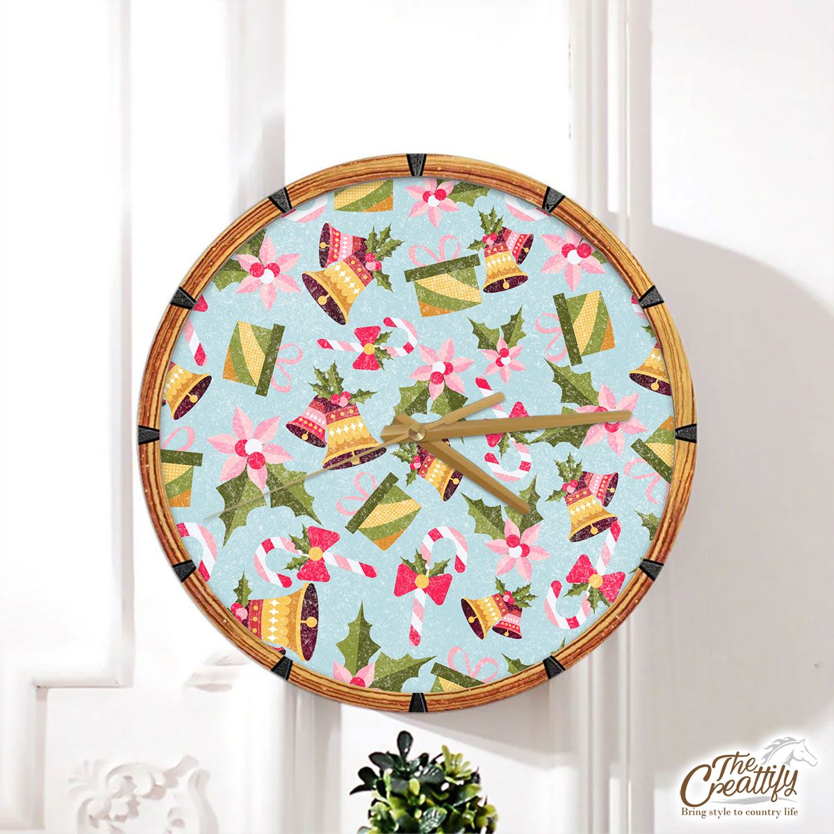 Bells, Christmas Bell And Candy Canes With Christmas Gifts Wall Clock