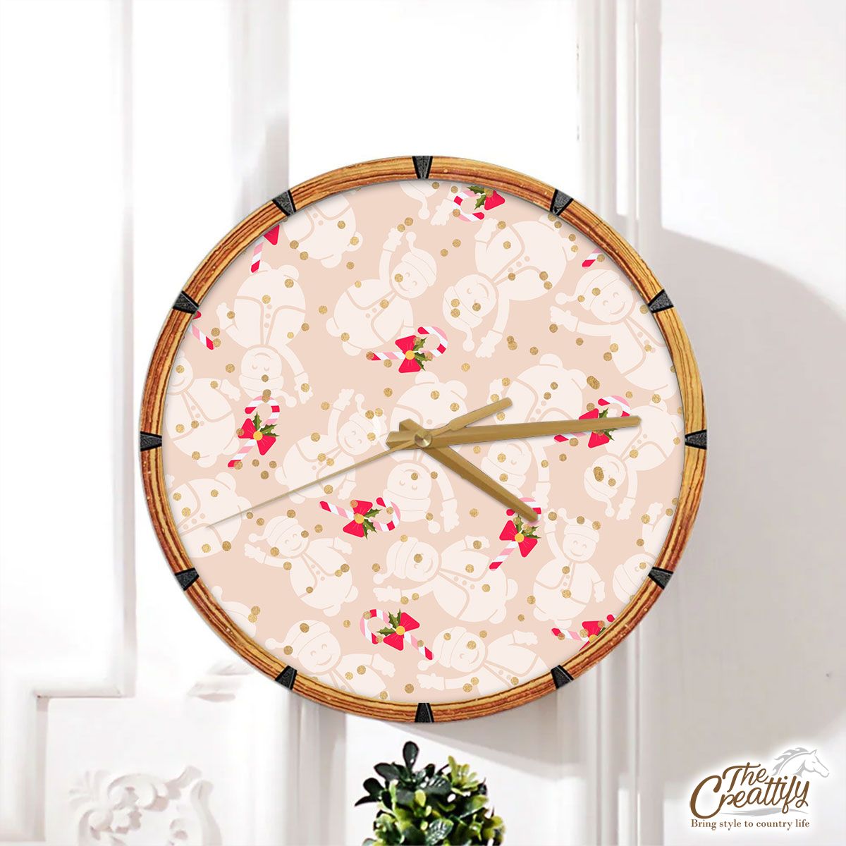 Snowman, Christmas Snowman With Candy Canes Wall Clock