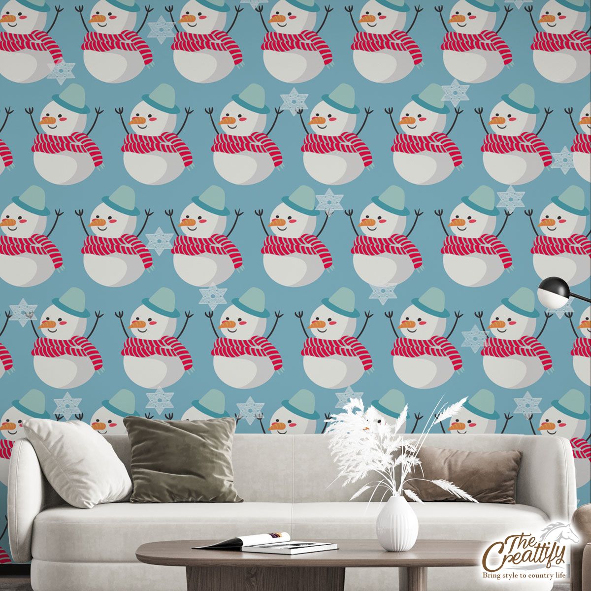 Snowman, Christmas Snowman And Blue Snowflake Wall Mural