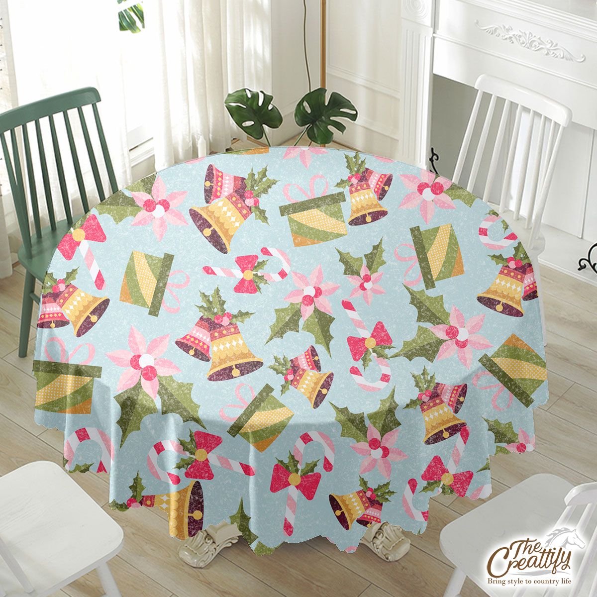 Bells, Christmas Bell And Candy Canes With Christmas Gifts Waterproof Tablecloth