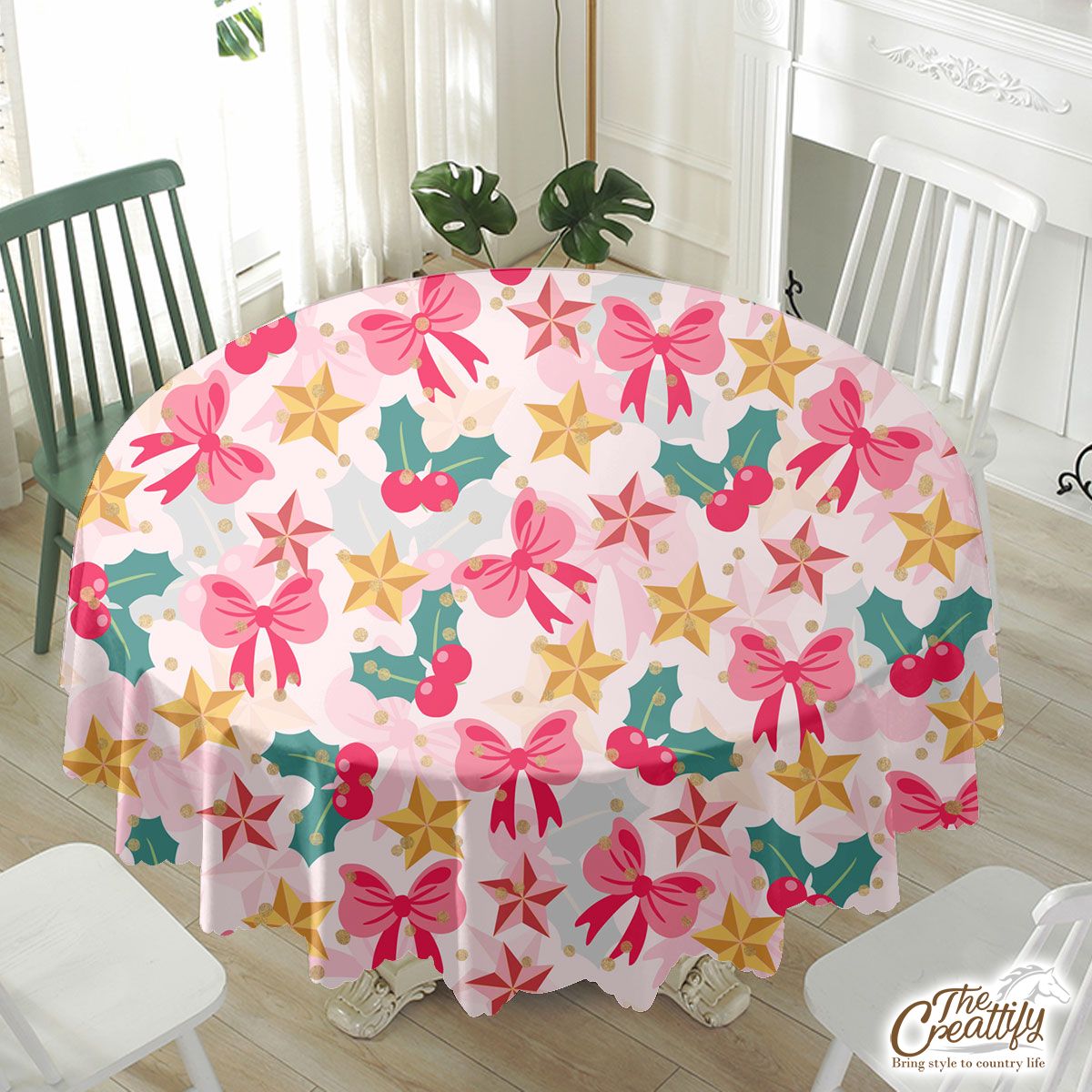 Christmas Pattern With Bells, Bow, Holly Leaf And Christmas Tree Star Waterproof Tablecloth