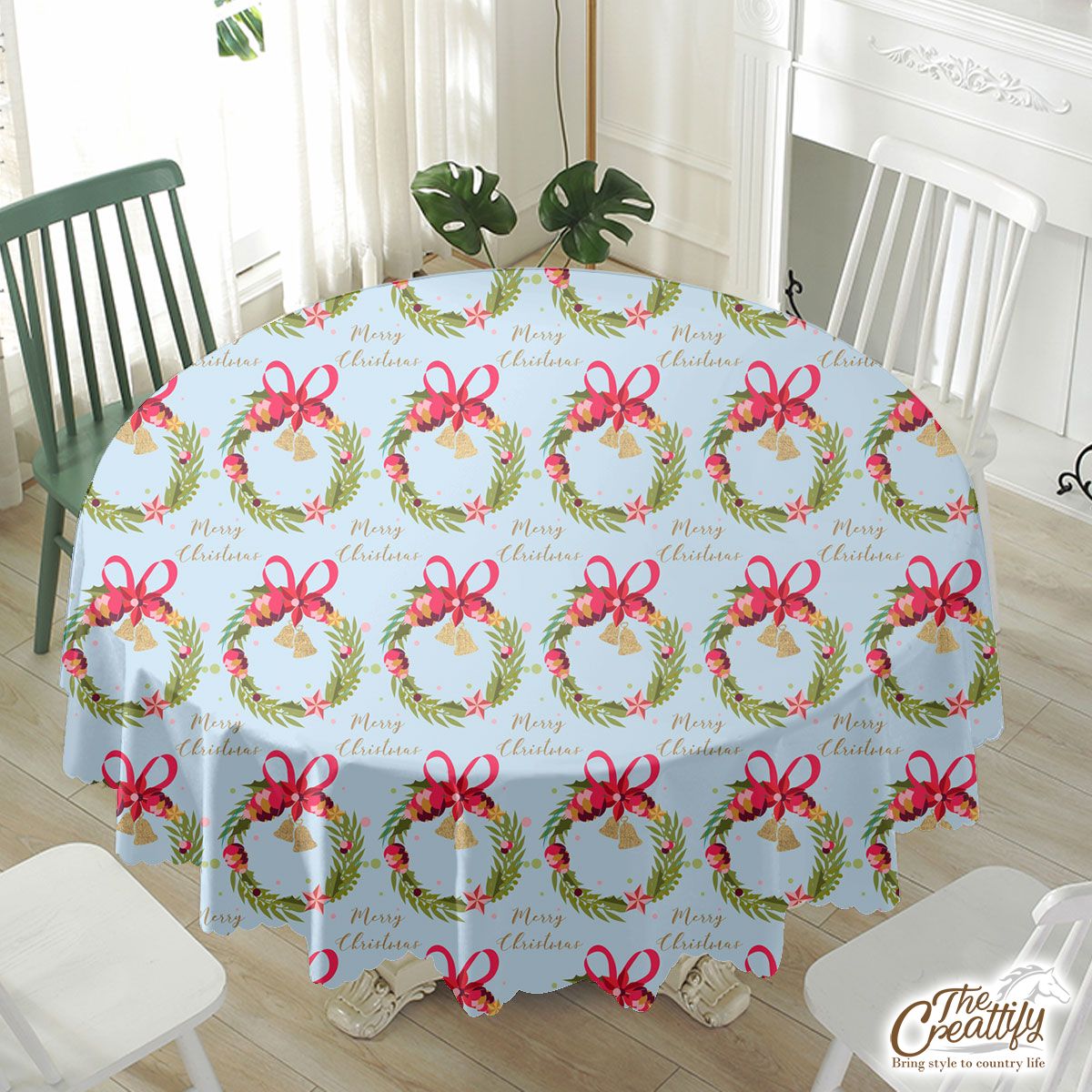 Christmas Wreath, Christmas Wreath Bows And Bells Waterproof Tablecloth