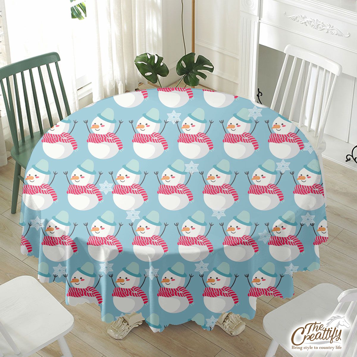 Snowman, Christmas Snowman And Blue Snowflake Waterproof Tablecloth